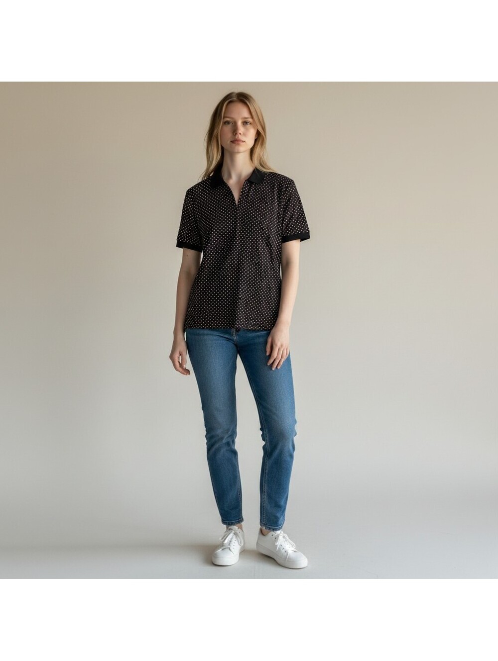 White Stag Polo Shirt Women S Small Black Polka Dot Collared Short Sleeve Cotton